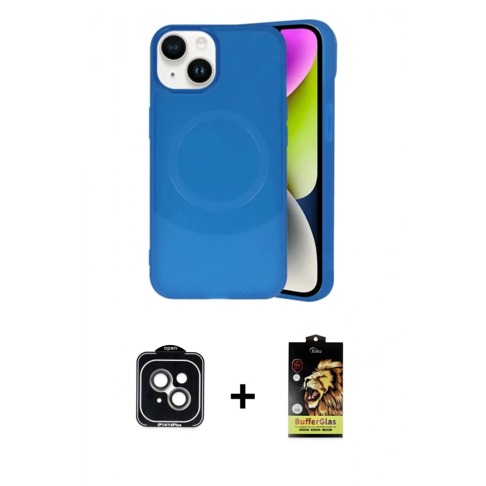 MARSİLYAN™- iPhone 14 Kılıf Ufuk Serisi - Siyah Buffer Cam Ekran Koruyucu + PVD Metal Kamera Lens - YL