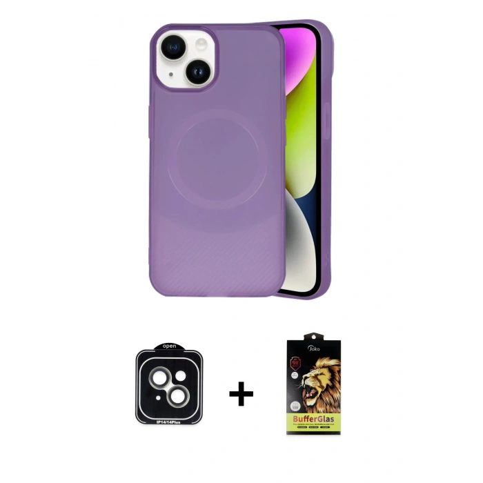 MARSİLYAN™- iPhone 14 Kılıf Ufuk Serisi - Siyah Buffer Cam Ekran Koruyucu + PVD Metal Kamera Lens - YL