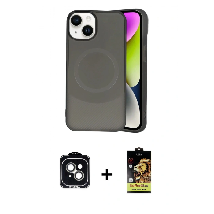MARSİLYAN™- iPhone 14 Kılıf Ufuk Serisi - Siyah Buffer Cam Ekran Koruyucu + PVD Metal Kamera Lens - YL