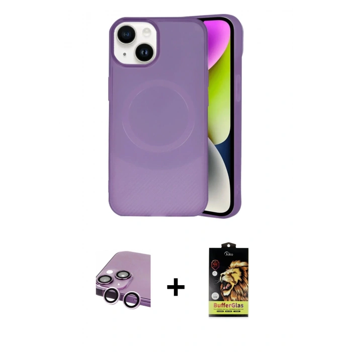 MARSİLYAN™- iPhone 14 Kılıf Ufuk Serisi - Siyah Buffer Cam Ekran Koruyucu + Raze Metal Kamera Lens - MR