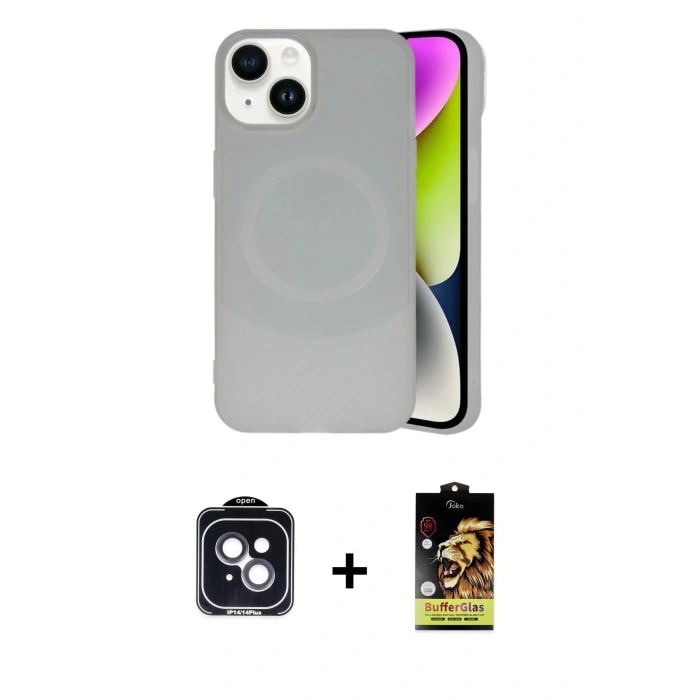 MARSİLYAN™- iPhone 14 Kılıf Ufuk Serisi - Siyah Buffer Cam Ekran Koruyucu + PVD Metal Kamera Lens - SH