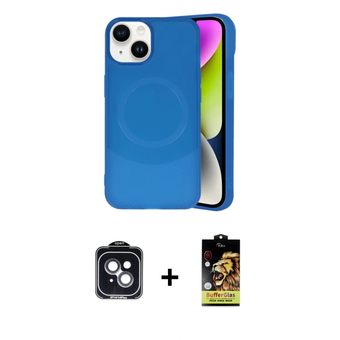 MARSİLYAN™- iPhone 14 Kılıf Ufuk Serisi - Siyah Buffer Cam Ekran Koruyucu + PVD Metal Kamera Lens - SH