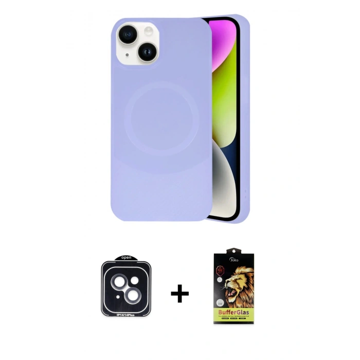 MARSİLYAN™- iPhone 14 Kılıf Ufuk Serisi - Siyah Buffer Cam Ekran Koruyucu + PVD Metal Kamera Lens - SH