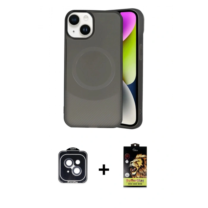 MARSİLYAN™- iPhone 14 Kılıf Ufuk Serisi - Siyah Buffer Cam Ekran Koruyucu + PVD Metal Kamera Lens - SH