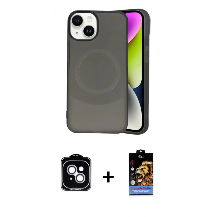 MARSİLYAN™- iPhone 14 Kılıf Ufuk Serisi - Siyah Buffer Hayalet Cam Ekran Koruyucu + PVD Metal Kamera Lens - GS