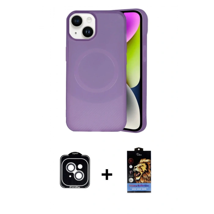 MARSİLYAN™- iPhone 14 Kılıf Ufuk Serisi - Siyah Buffer Hayalet Cam Ekran Koruyucu + PVD Metal Kamera Lens - GS
