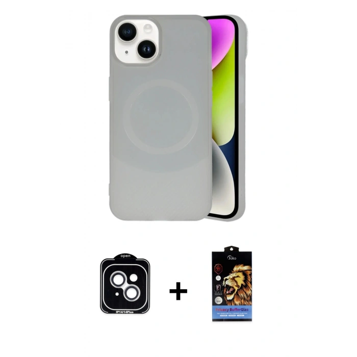 MARSİLYAN™- iPhone 14 Kılıf Ufuk Serisi - Siyah Buffer Hayalet Cam Ekran Koruyucu + PVD Metal Kamera Lens - GS