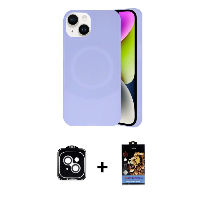 MARSİLYAN™- iPhone 14 Kılıf Ufuk Serisi - Siyah Buffer Hayalet Cam Ekran Koruyucu + PVD Metal Kamera Lens - GS