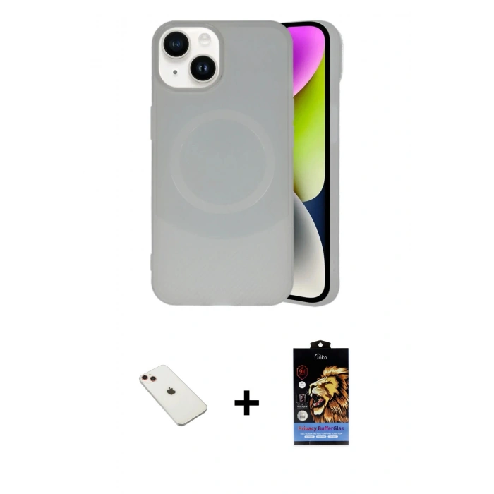 MARSİLYAN™- iPhone 14 Kılıf Ufuk Serisi - Siyah Buffer Hayalet Cam Ekran Koruyucu + Diamond Kamera Lens - KI
