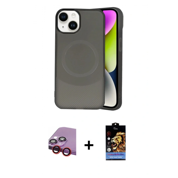 MARSİLYAN™- iPhone 14 Kılıf Ufuk Serisi - Siyah Buffer Hayalet Cam Ekran Koruyucu + Raze Metal Kamera Lens - KI