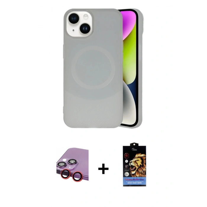 MARSİLYAN™- iPhone 14 Kılıf Ufuk Serisi - Siyah Buffer Hayalet Cam Ekran Koruyucu + Raze Metal Kamera Lens - KI