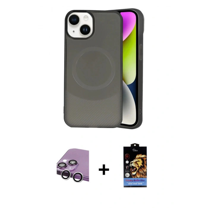 MARSİLYAN™- iPhone 14 Kılıf Ufuk Serisi - Siyah Buffer Hayalet Cam Ekran Koruyucu + Raze Metal Kamera Lens - GS