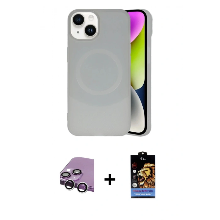 MARSİLYAN™- iPhone 14 Kılıf Ufuk Serisi - Siyah Buffer Hayalet Cam Ekran Koruyucu + Raze Metal Kamera Lens - GS