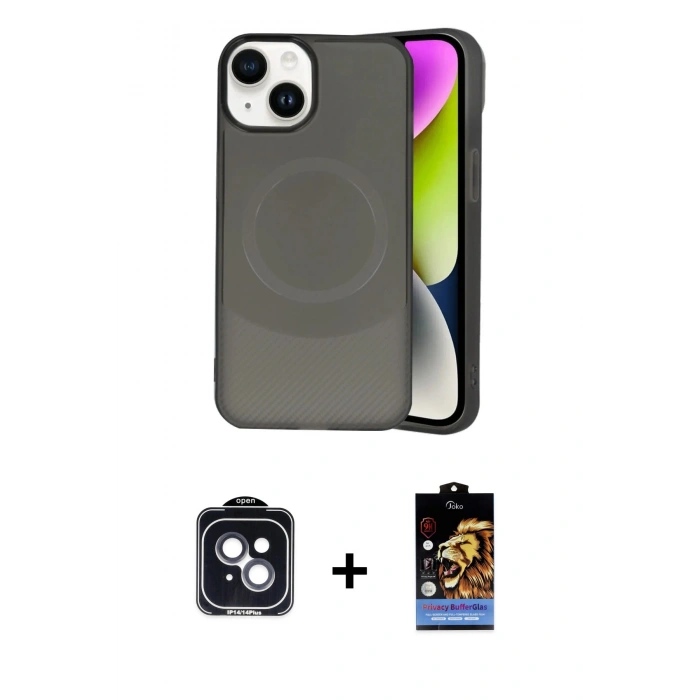MARSİLYAN™- iPhone 14 Kılıf Ufuk Serisi - Siyah Buffer Hayalet Cam Ekran Koruyucu + PVD Metal Kamera Lens - SH