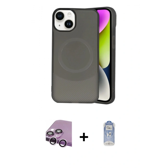 MARSİLYAN™- iPhone 14 Kılıf Ufuk Serisi - Siyah Joko Magic 5D Cam + Raze Metal Kamera Lens - MR