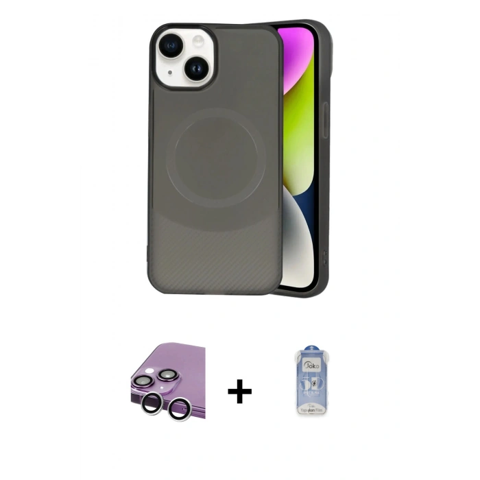 MARSİLYAN™- iPhone 14 Kılıf Ufuk Serisi - Siyah Joko Magic 5D Cam + Raze Metal Kamera Lens - GS