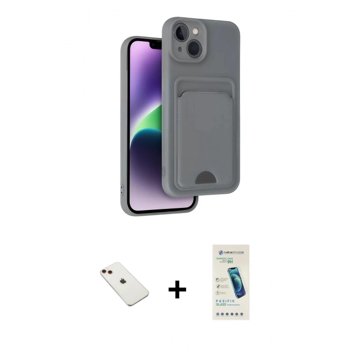 MARSİLYAN™- iPhone 14 Kılıf Vadi Çizgi Prime - Şeffaf Pasifik Cam Ekran Koruyucu + Diamond Kamera Lens - KI