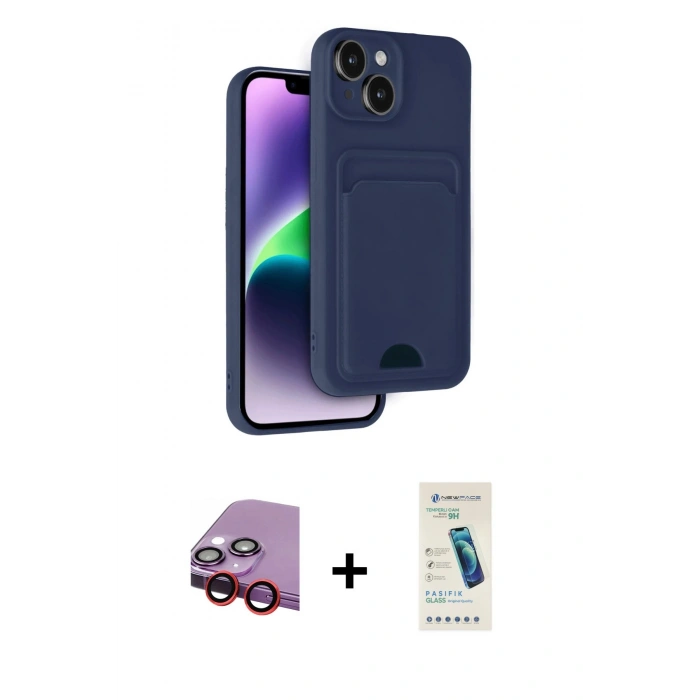 MARSİLYAN™- iPhone 14 Kılıf Vadi Çizgi Prime - Şeffaf Pasifik Cam Ekran Koruyucu + Raze Metal Kamera Lens - KI