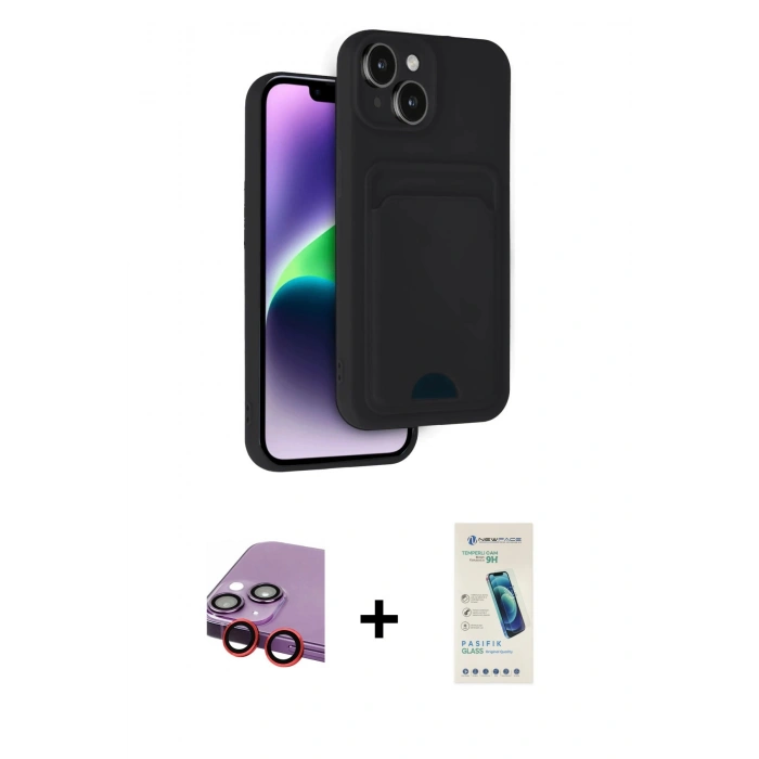 MARSİLYAN™- iPhone 14 Kılıf Vadi Çizgi Prime - Şeffaf Pasifik Cam Ekran Koruyucu + Raze Metal Kamera Lens - KI