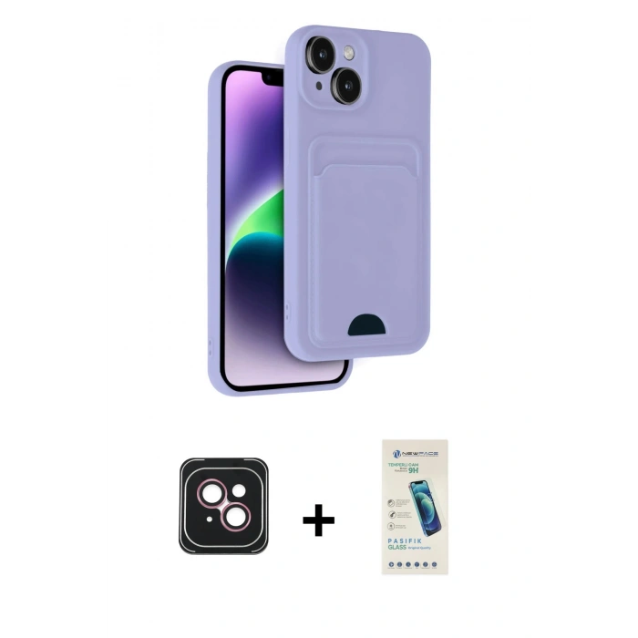 MARSİLYAN™- iPhone 14 Kılıf Vadi Çizgi Prime - Şeffaf Pasifik Cam Ekran Koruyucu + PVD Metal Kamera Lens - PE