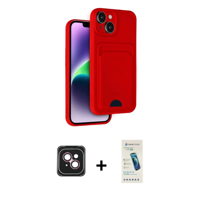 MARSİLYAN™- iPhone 14 Kılıf Vadi Çizgi Prime - Şeffaf Pasifik Cam Ekran Koruyucu + PVD Metal Kamera Lens - PE