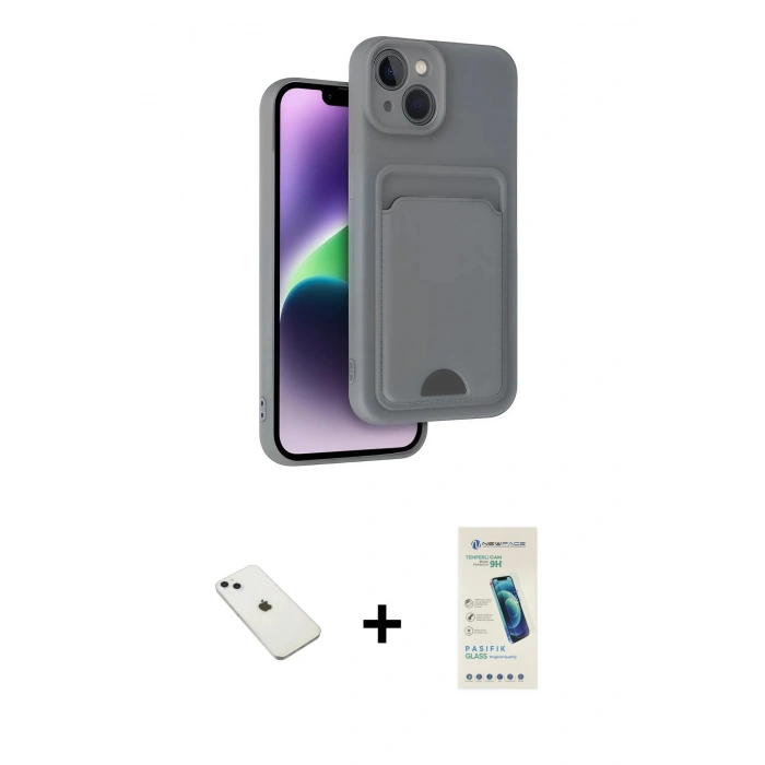 MARSİLYAN™- iPhone 14 Kılıf Vadi Çizgi Prime - Şeffaf Pasifik Cam Ekran Koruyucu + Sierra Blue Diamond Kamera Lens