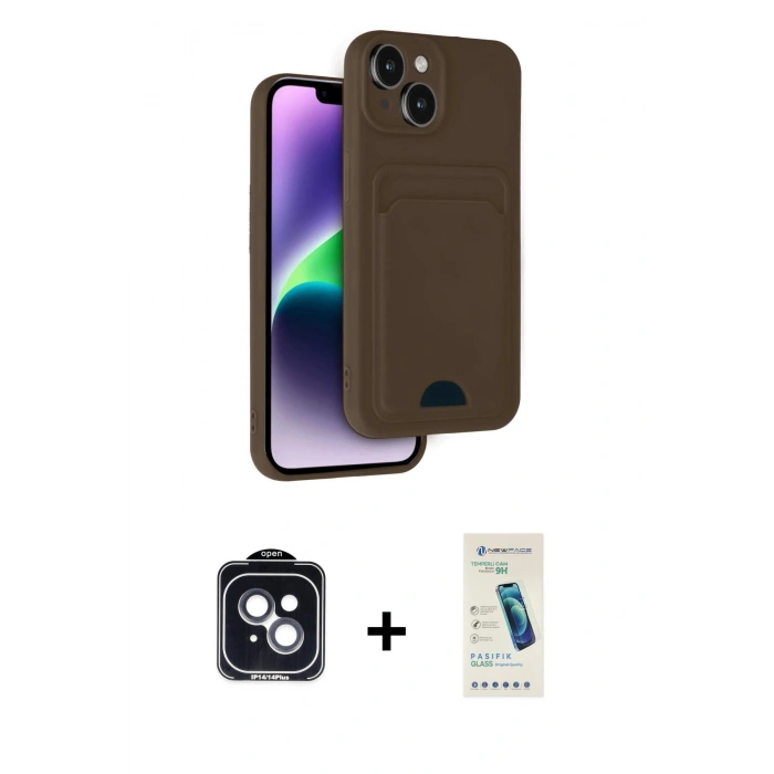 MARSİLYAN™- iPhone 14 Kılıf Vadi Çizgi Prime - Şeffaf Pasifik Cam Ekran Koruyucu + PVD Metal Kamera Lens - SH