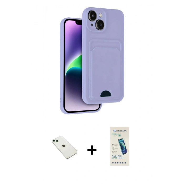 MARSİLYAN™- iPhone 14 Kılıf Vadi Çizgi Prime - Şeffaf Pasifik Cam Ekran Koruyucu + Yeşil Diamond Kamera Lens