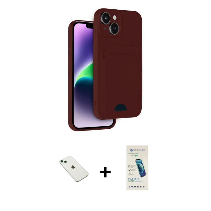 MARSİLYAN™- iPhone 14 Kılıf Vadi Çizgi Prime - Şeffaf Pasifik Cam Ekran Koruyucu + Yeşil Diamond Kamera Lens