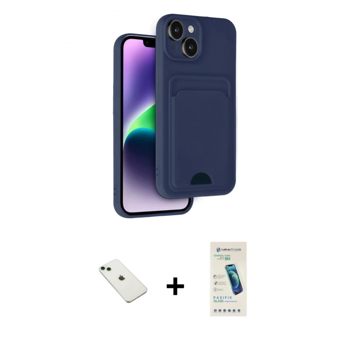 MARSİLYAN™- iPhone 14 Kılıf Vadi Çizgi Prime - Şeffaf Pasifik Cam Ekran Koruyucu + Yeşil Diamond Kamera Lens