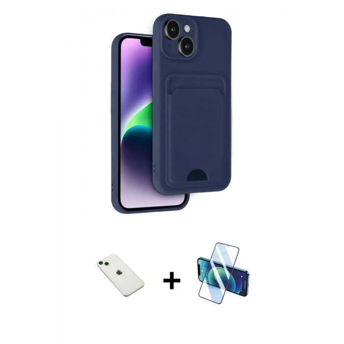 MARSİLYAN™- iPhone 14 Kılıf Vadi Çizgi Prime - Siyah 3D Antistatik Cam Ekran Koruyucu + Diamond Kamera Lens - YL