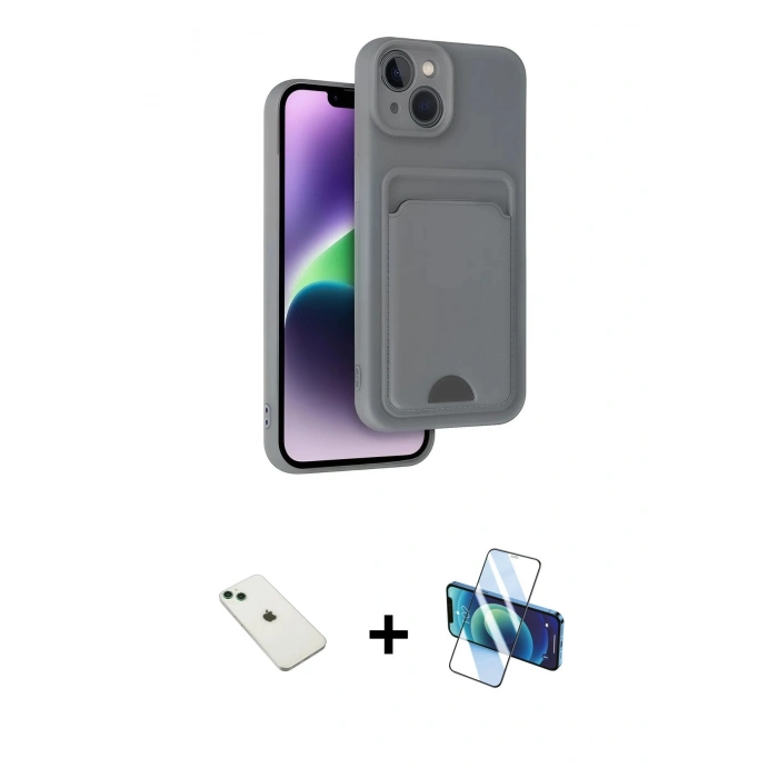 MARSİLYAN™- iPhone 14 Kılıf Vadi Çizgi Prime - Siyah 3D Antistatik Cam Ekran Koruyucu + Diamond Kamera Lens - YL