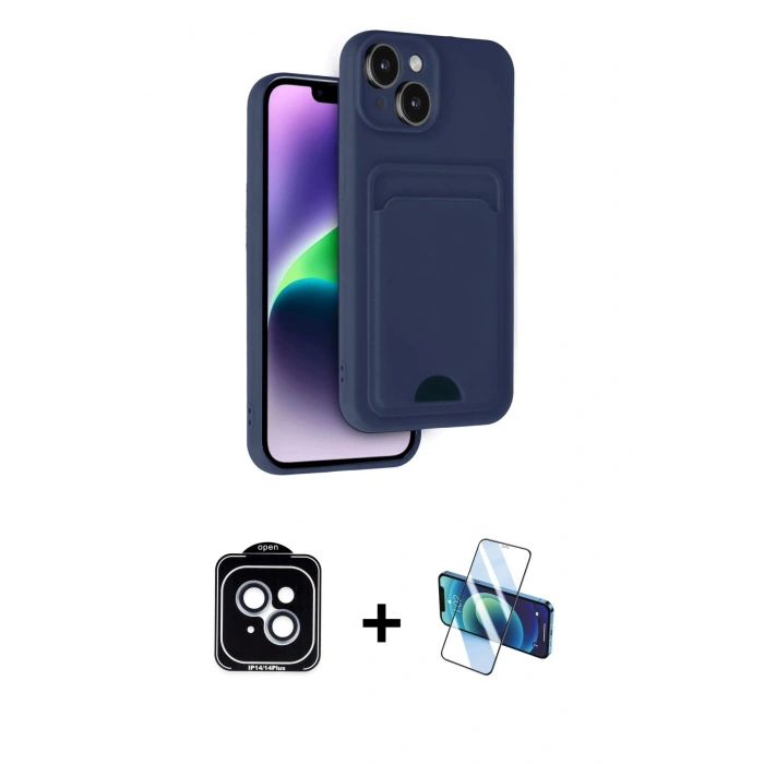 MARSİLYAN™- iPhone 14 Kılıf Vadi Çizgi Prime - Siyah 3D Antistatik Cam Ekran Koruyucu + PVD Metal Kamera Lens - MI