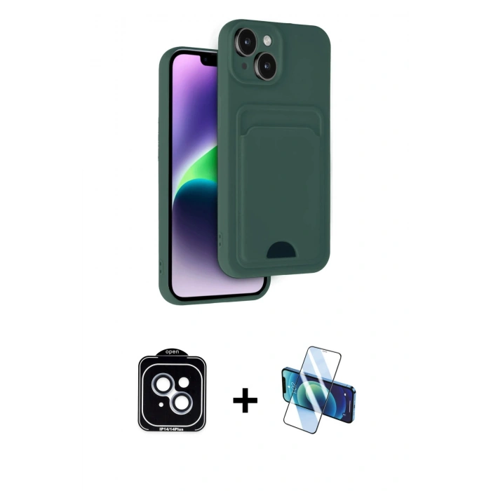 MARSİLYAN™- iPhone 14 Kılıf Vadi Çizgi Prime - Siyah 3D Antistatik Cam Ekran Koruyucu + PVD Metal Kamera Lens - MI