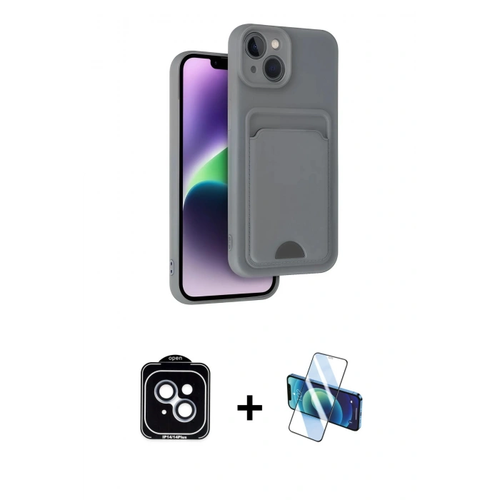 MARSİLYAN™- iPhone 14 Kılıf Vadi Çizgi Prime - Siyah 3D Antistatik Cam Ekran Koruyucu + PVD Metal Kamera Lens - MI