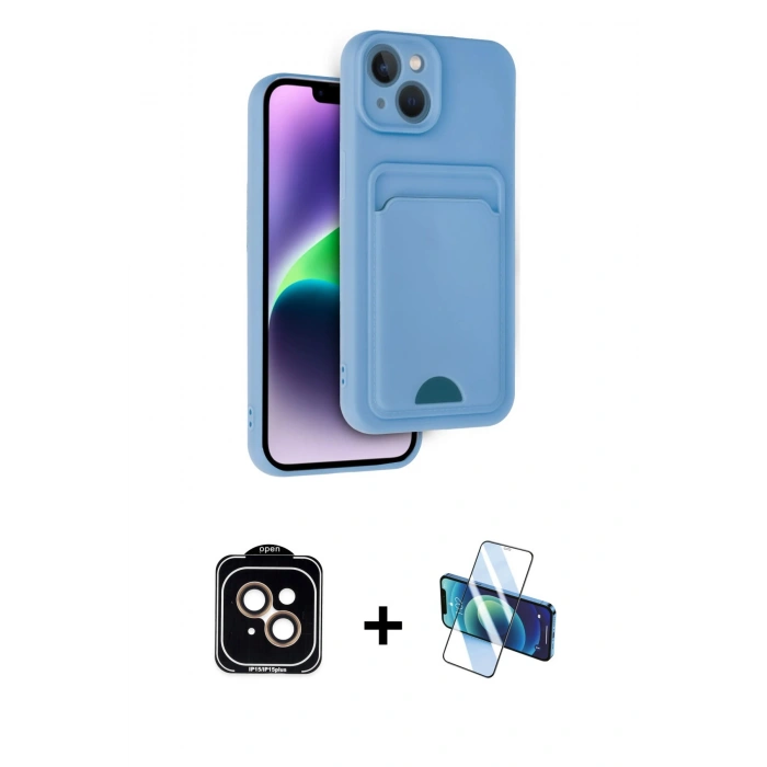 MARSİLYAN™- iPhone 14 Kılıf Vadi Çizgi Prime - Siyah 3D Antistatik Cam Ekran Koruyucu + PVD Metal Kamera Lens - TU