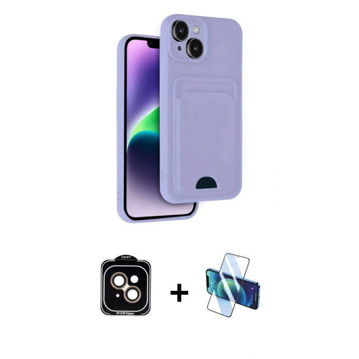 MARSİLYAN™- iPhone 14 Kılıf Vadi Çizgi Prime - Siyah 3D Antistatik Cam Ekran Koruyucu + PVD Metal Kamera Lens - TU
