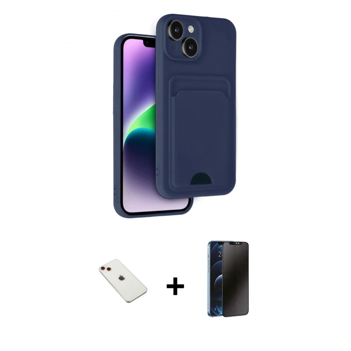 MARSİLYAN™- iPhone 14 Kılıf Vadi Çizgi Prime - Siyah 3D Antistatik Hayalet Cam Ekran Koruyucu + Diamond Kamera Lens - KI