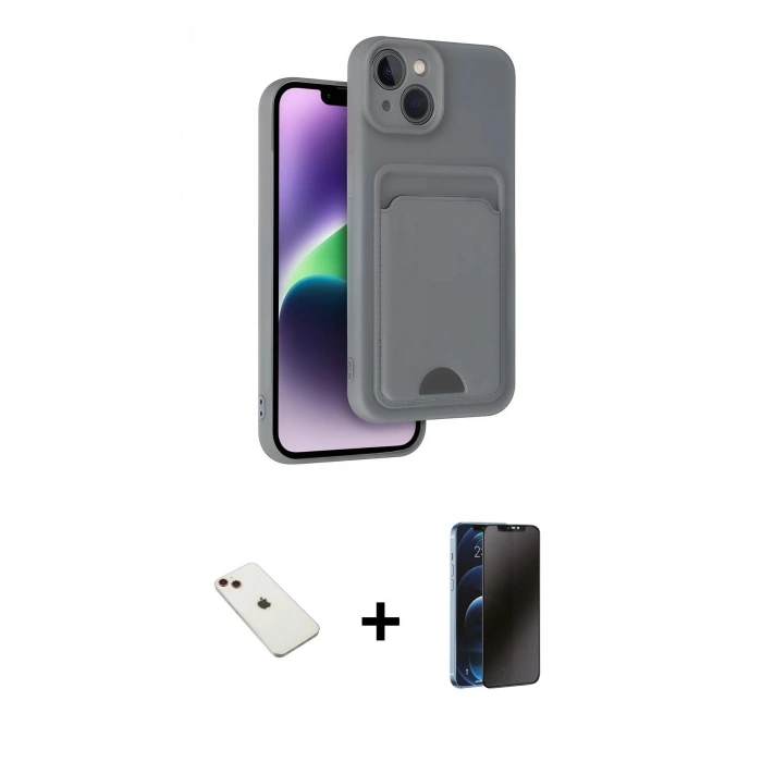 MARSİLYAN™- iPhone 14 Kılıf Vadi Çizgi Prime - Siyah 3D Antistatik Hayalet Cam Ekran Koruyucu + Diamond Kamera Lens - KI