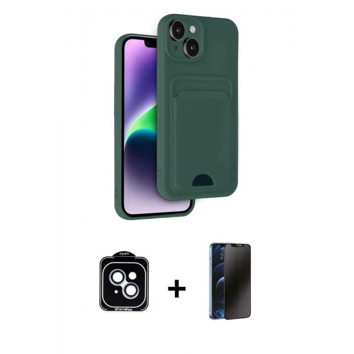 MARSİLYAN™- iPhone 14 Kılıf Vadi Çizgi Prime - Siyah 3D Antistatik Hayalet Cam Ekran Koruyucu + PVD Metal Kamera Lens - MI