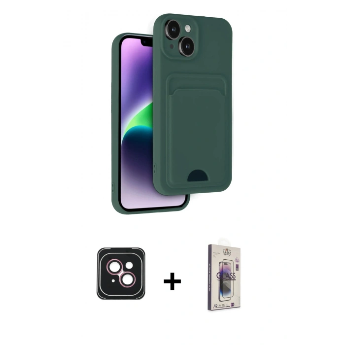 MARSİLYAN™- iPhone 14 Kılıf Vadi Çizgi Prime - Siyah Bilvis 3D Cam Ekran Koruyucu + PVD Metal Kamera Lens - PE