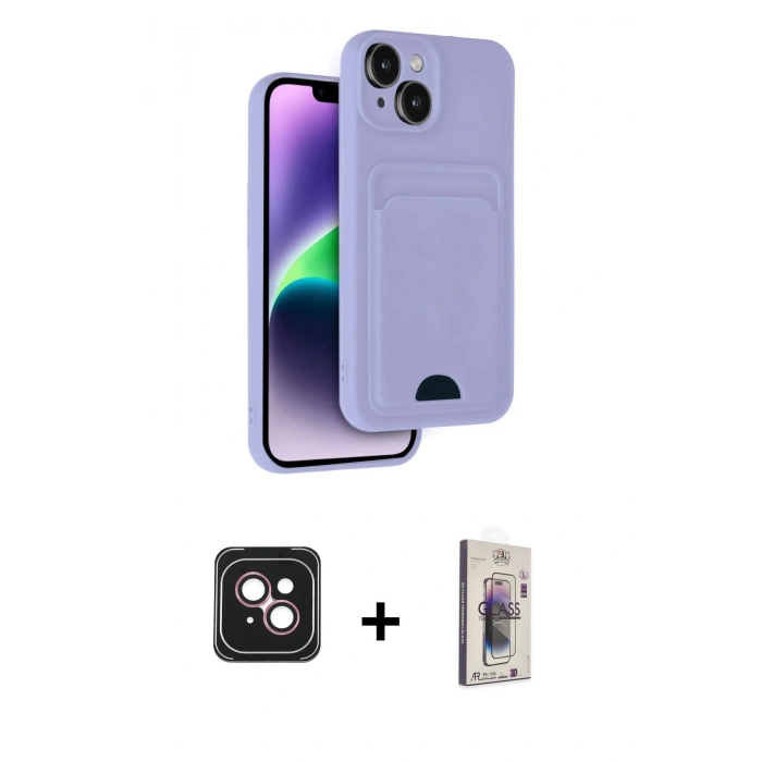 MARSİLYAN™- iPhone 14 Kılıf Vadi Çizgi Prime - Siyah Bilvis 3D Cam Ekran Koruyucu + PVD Metal Kamera Lens - PE