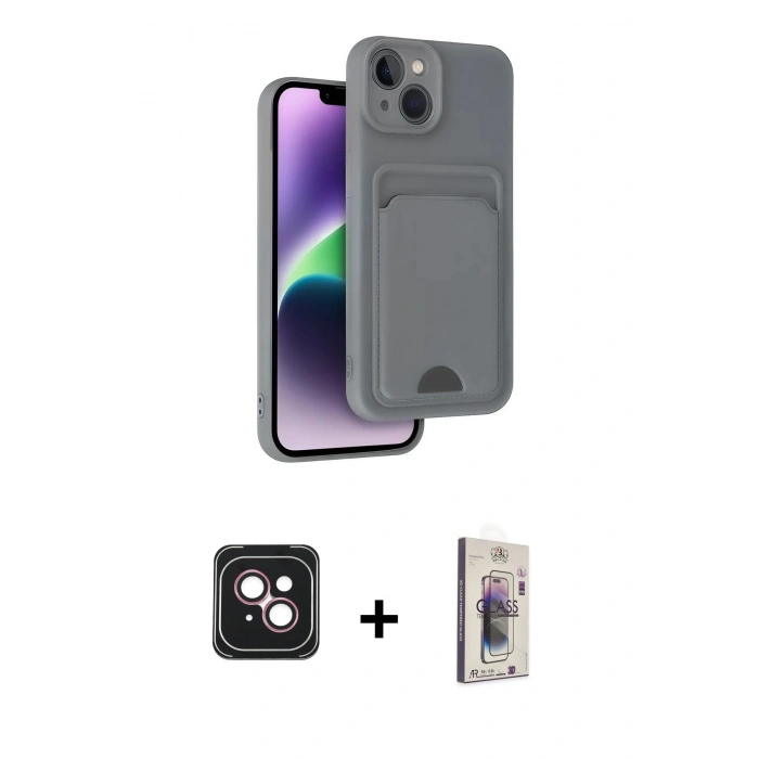 MARSİLYAN™- iPhone 14 Kılıf Vadi Çizgi Prime - Siyah Bilvis 3D Cam Ekran Koruyucu + PVD Metal Kamera Lens - PE