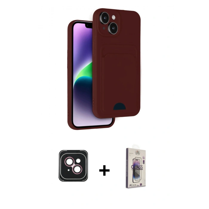MARSİLYAN™- iPhone 14 Kılıf Vadi Çizgi Prime - Siyah Bilvis 3D Cam Ekran Koruyucu + PVD Metal Kamera Lens - PE