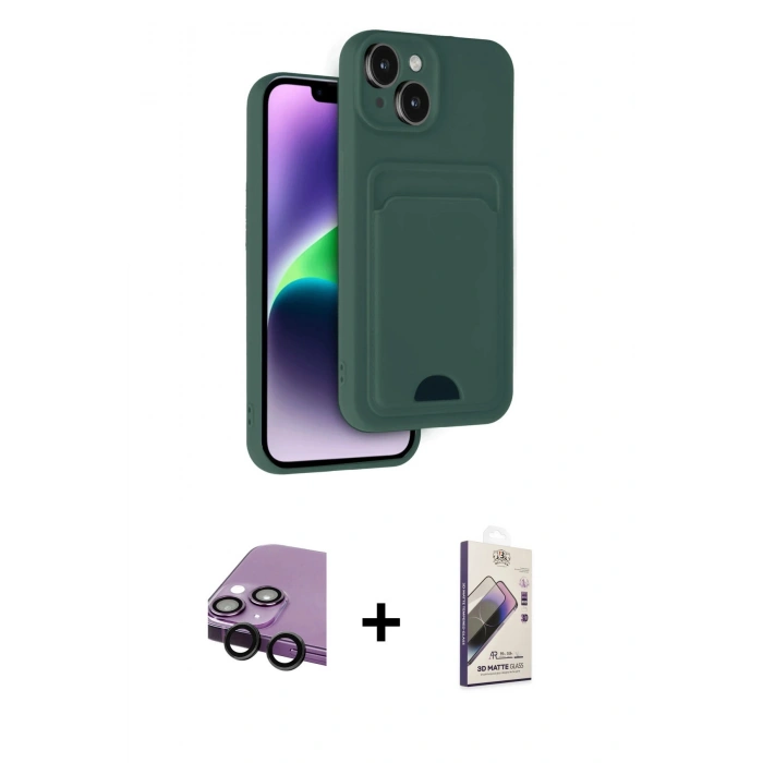 MARSİLYAN™- iPhone 14 Kılıf Vadi Çizgi Prime - Siyah Bilvis 3D Mat Cam Ekran Koruyucu + Raze Metal Kamera Lens - SH