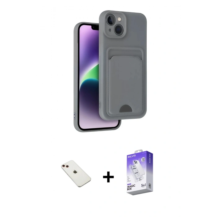 MARSİLYAN™- iPhone 14 Kılıf Vadi Çizgi Prime - Siyah Bilvis 5in1 3D Magic Cam Ekran Koruyucu + Diamond Kamera Lens - KI