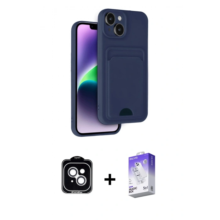 MARSİLYAN™- iPhone 14 Kılıf Vadi Çizgi Prime - Siyah Bilvis 5in1 3D Magic Cam Ekran Koruyucu + Gümüş PVD Metal Kamera Lens