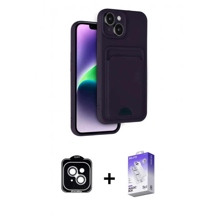 MARSİLYAN™- iPhone 14 Kılıf Vadi Çizgi Prime - Siyah Bilvis 5in1 3D Magic Cam Ekran Koruyucu + Gümüş PVD Metal Kamera Lens
