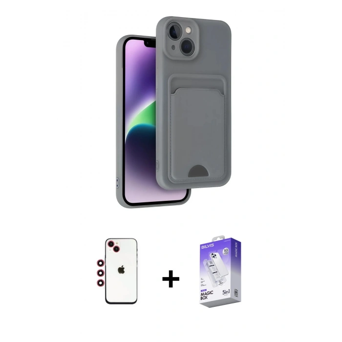MARSİLYAN™- iPhone 14 Kılıf Vadi Çizgi Prime - Siyah Bilvis 5in1 3D Magic Cam Ekran Koruyucu + Shine Kamera Lens - KI