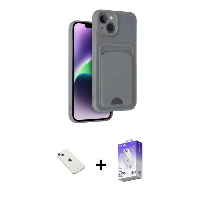 MARSİLYAN™- iPhone 14 Kılıf Vadi Çizgi Prime - Siyah Bilvis 5in1 3D Magic Cam Ekran Koruyucu + Diamond Kamera Lens - YL